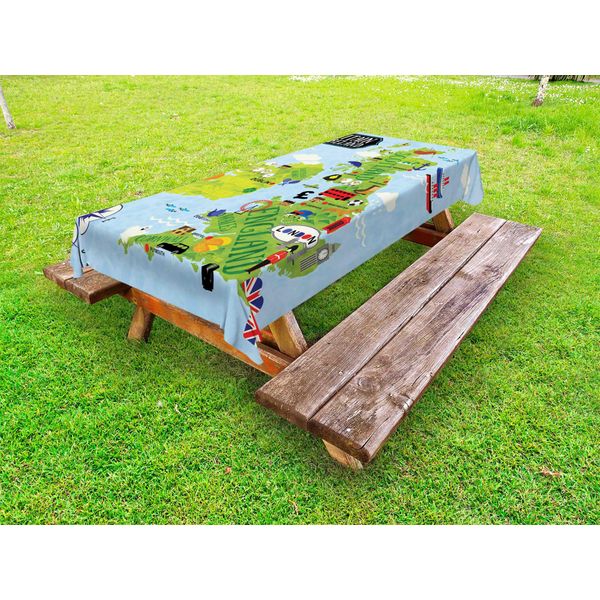 Abakuhaus Tovaglia Fernweh Outdoor, Cartoline Illustrate Della Gran Bretagna E Dell'irlanda, Soldati Bambini, Attrazioni Turistiche, Blu Pallido E Verde Mela, 145X210 Cm-image