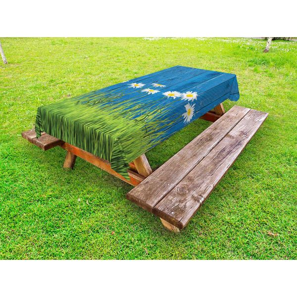 Abakuhaus Tovaglia Da Esterno Con Motivo Floreale, Erba Fresca Primaverile E Margherite Su Recinzione, Stampa Vintage Estiva, Verde, Bianco E Blu, 145 X 305 Cm-image