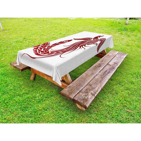 Abakuhaus Tovaglia Phoenix Outdoor, Tradizionale Uccello Magico Cinese Con Ali Maestose E Piume Di Pavone In Stile Boho, Bianco Rubino, 145X305 Cm-image