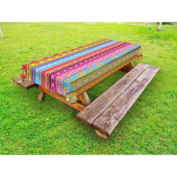 Abakuhaus Tovaglia A Righe Per Esterni, Motivi Tribali Composizione Colorata Stile Retrò Etnico Motivo A Righe Verticali, Multicolore, 145X210 Cm-image