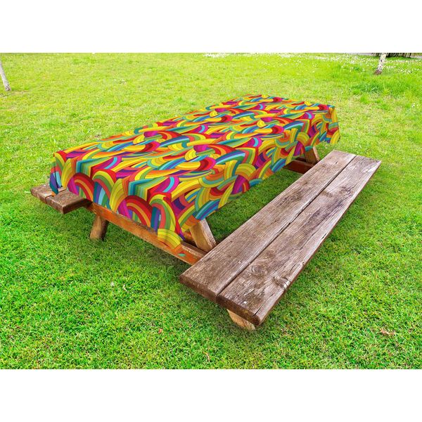 Abakuhaus Tovaglia Psichedelica Per Esterni, Motivo Arcobaleno Colorato Con Strisce E Curve, Illustrazione Grunge Astratta, Multicolore, 145X210 Cm-image