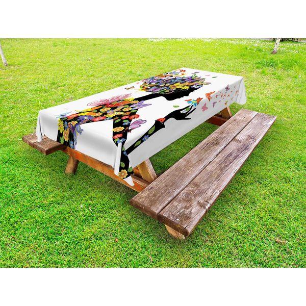Abakuhaus Tovaglia Da Esterno Con Farfalle, Moda Femminile Con Fiori E Farfalle, Foglie Decorative, Stampa Bosco Naturale, Multicolore, 145X210 Cm-image