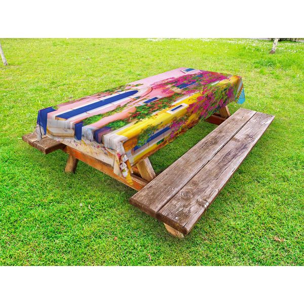 Abakuhaus Tovaglia Colorata Per Esterni, Vecchio Edificio Lungo Un Campo Fiorito, Immagine Dell'isola Di Cefalonia In Grecia Nella Stagione Estiva, Multicolore, 145X305 Cm-image