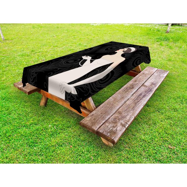 Abakuhaus Tovaglia Old Hollywood Outdoor, Pale Skin Lady Con Abito Lungo Bianco Su Sfondo Art DéCo, Charcoal Grey Beige, 145X305 Cm-image