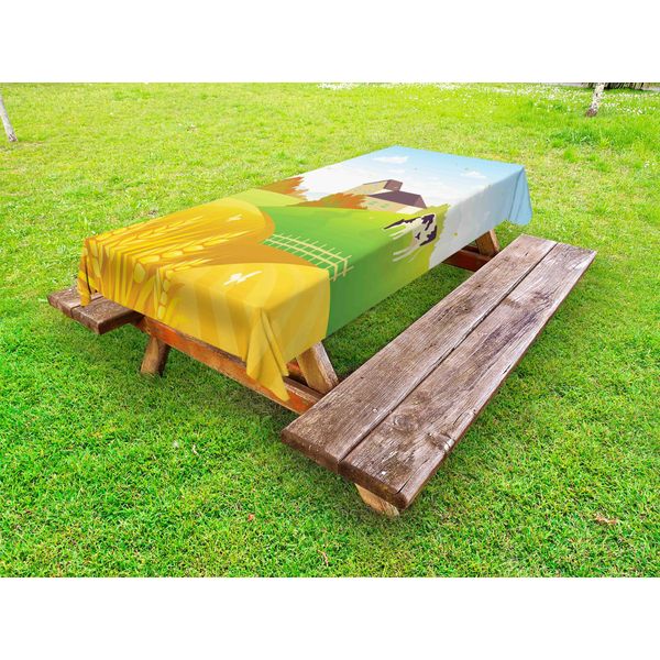 Abakuhaus Tovaglia Da Esterno Harvest, Immagine Di Paesaggio Con Mucche Al Pascolo, Campo Di Grano E Casa Di Campagna, Azzurro Pallido E Multicolore, 145X210 Cm-image