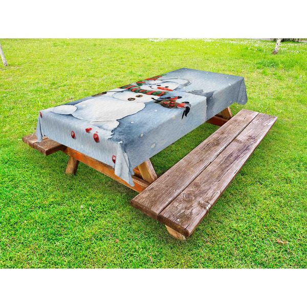 Abakuhaus Tovaglia Da Esterno Con Motivo Pupazzo Di Neve, Stile Acquerello, Neve Che Cade, Tema Natalizio, Uccelli Ciuffolotti Invernali, Multicolore, 145 X 265 Cm-image