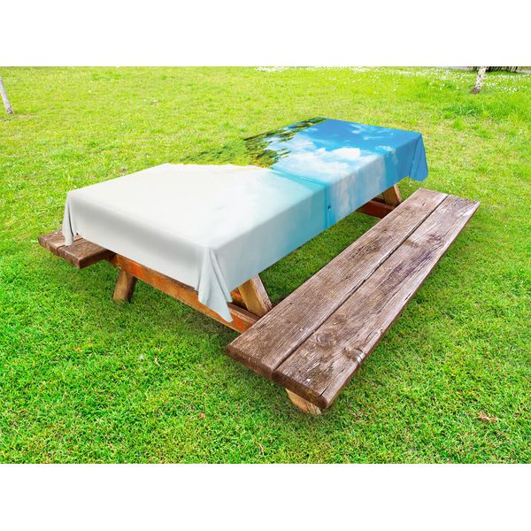 Abakuhaus Tovaglia Da Esterno Ocean, Immagine Di Spiaggia Tropicale, Cielo Marino, Paesaggio, Palme Da Cocco, Ambiente Moderno, Color Crema, Verde E Blu, 145X210 Cm-image