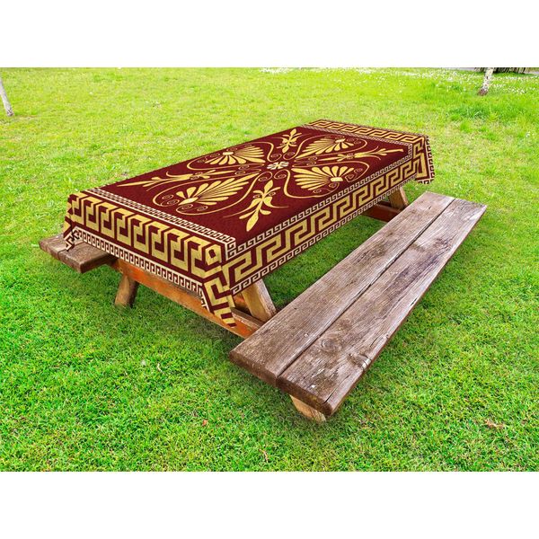 Abakuhaus Tovaglia Greek Key Outdoor, Design Vintage Con Motivo A Campo Con Labirinto Greco E Fiori A Foglia Riccia, Giallo Rubino, 145X265 Cm-image