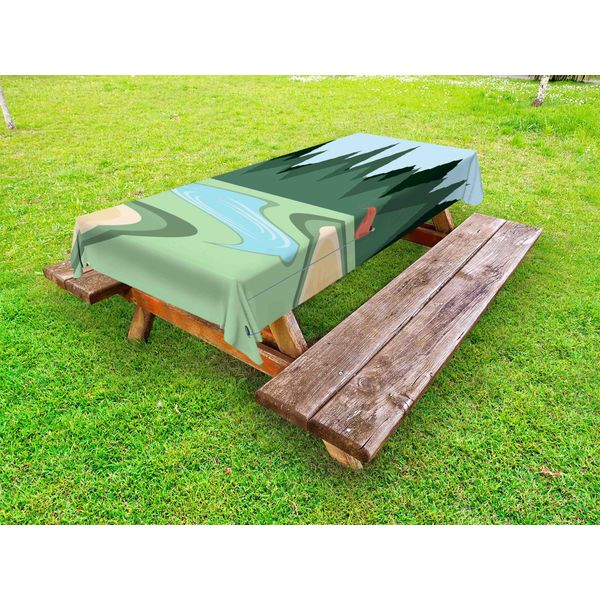Abakuhaus Tovaglia Da Esterno Con Motivo Campo Da Golf, Attività Sportive, Laghetto Nel Bosco E Bandiere Stampate, Verde Bosco Multicolore, 145X305 Cm-image
