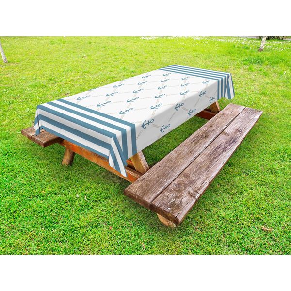 Abakuhaus Tovaglia Da Esterno Anker, Cornice A Strisce Blu Con Strisce Astratte E Motivo Simmetrico A Catena, Blu Ardesia E Bianco, 145X265 Cm-image