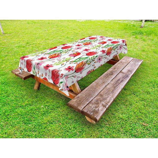 Abakuhaus Tovaglia Da Esterno Con Motivi Floreali, Scarabocchi Di Fiori E Foglie Con Effetto Acquerello, Rosa E Verde, 145X265 Cm-image