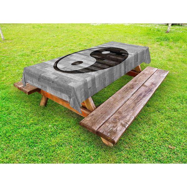 Abakuhaus Tovaglia Ying Yang Per Esterni, Stile Minimalista Tradizionale Asiatico Ying Yang Rustico In Legno Effetto Pavimento Moderno, Nero Grigio, 145X210Cm-image