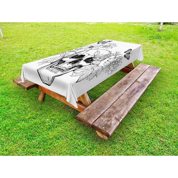 Abakuhaus Tovaglia Per Il Giorno Dei Morti Da Esterno, Teschi Con Fiori E Farfalle, Motivo Vintage Gotico, Bianco E Nero, 145X305 Cm-image