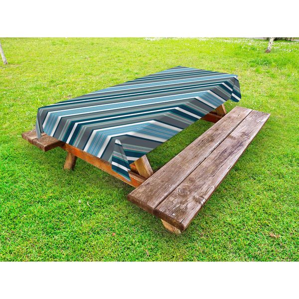 Abakuhaus Tovaglia A Righe Per Esterni, Stile Retrò Marinaro, Motivo A Righe Diagonali, Stampa Grafica Moderna, Bianco Grigio Blu Navy, 145X265 Cm-image