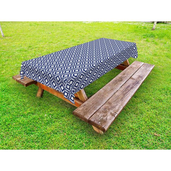 Abakuhaus Tovaglia Boho Outdoor, Motivo Tribale Geometrico Della Cultura Azteca Con Forme Triangolari Tradizionali Peruviane, Blu Scuro E Bianco, 145X305 Cm-image