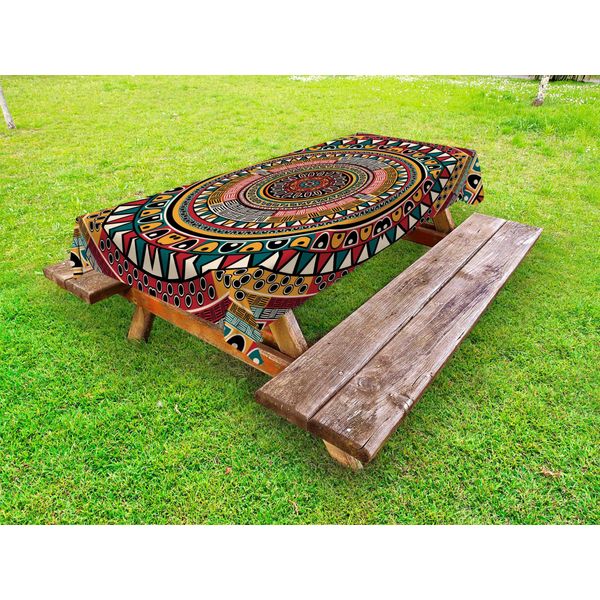 Abakuhaus Tovaglia Tribale Per Esterni, Motivo Tribale Africano Folcloristico Con Grafica Etnica Azteca, Giada Rubino E Senape, 145X305 Cm-image
