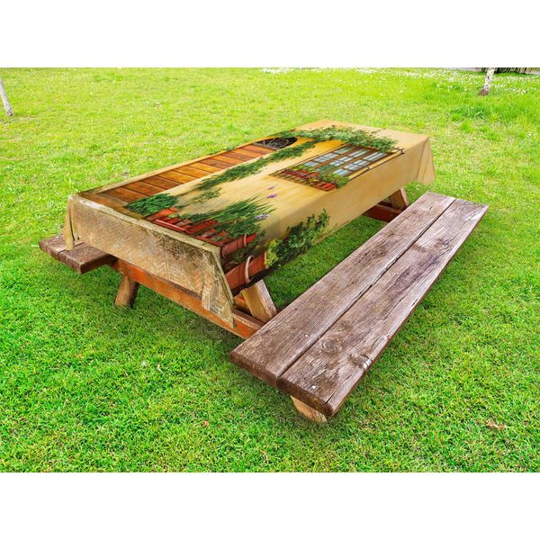 Abakuhaus Italia Tovaglia Da Esterno, Veranda Con Vasi Di Fiori Vari, Piante Verdi Fresche, Vita Cittadina In Toscana, Albicocca Verde Marrone, 145X305 Cm-image