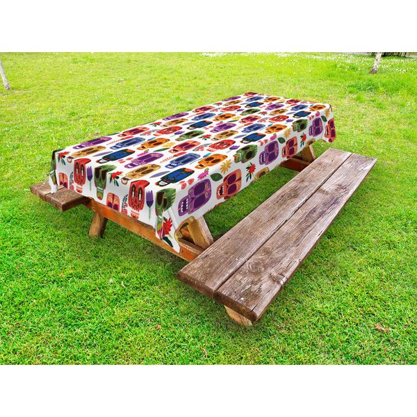 Abakuhaus Giorno Dei Morti Tovaglia Da Esterno, African Tribal Artwork Maschera Spaventosa In Legno Con Dettagli Divertenti In Stile Cartone Animato, Multicolore, 145X305 Cm-image