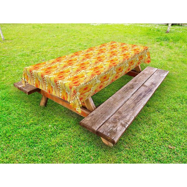 Abakuhaus Tovaglia Da Esterno Con Motivo Ibisco, Fiori Esotici E Foglie Di Palma Tropicali, Tonalità Calde, Arancione E Giallo, 145X210 Cm-image