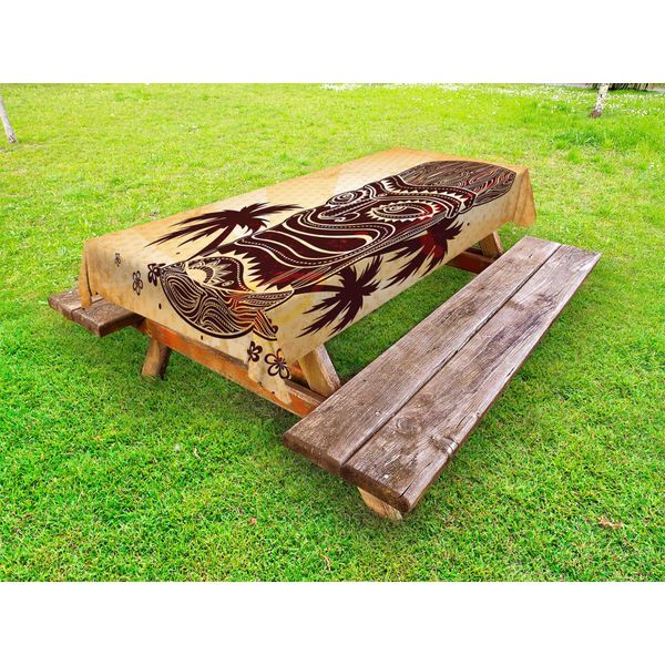 Abakuhaus Tovaglia Tribale Da Esterno, Totem Tradizionale Tiki Su Sfondo A Pois Con Palme, Bordeaux E Marrone Sabbia, 145X305 Cm-image