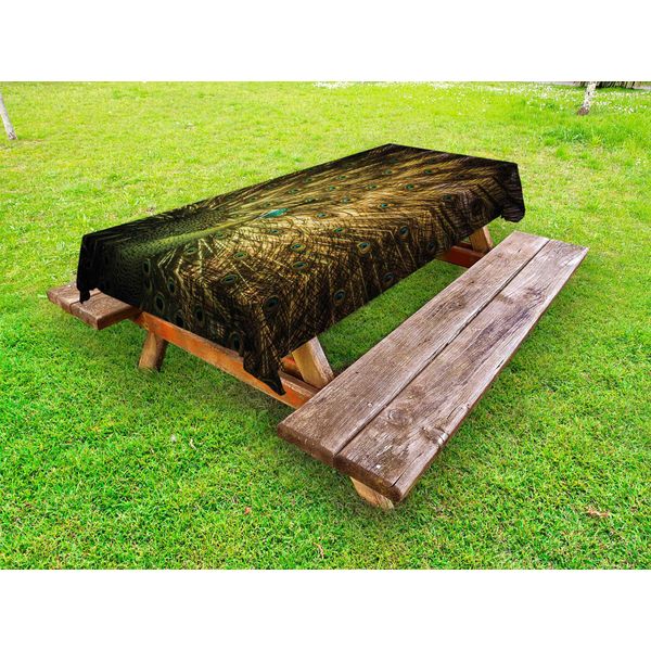 Abakuhaus Tovaglia Da Esterno Con Pavone, Ritratto Di Pavone Maschio Con Piume Che Spuntano Dall'immagine In Stampa Moderna Dai Colori Scuri, Verde Senape, 145X305 Cm-image