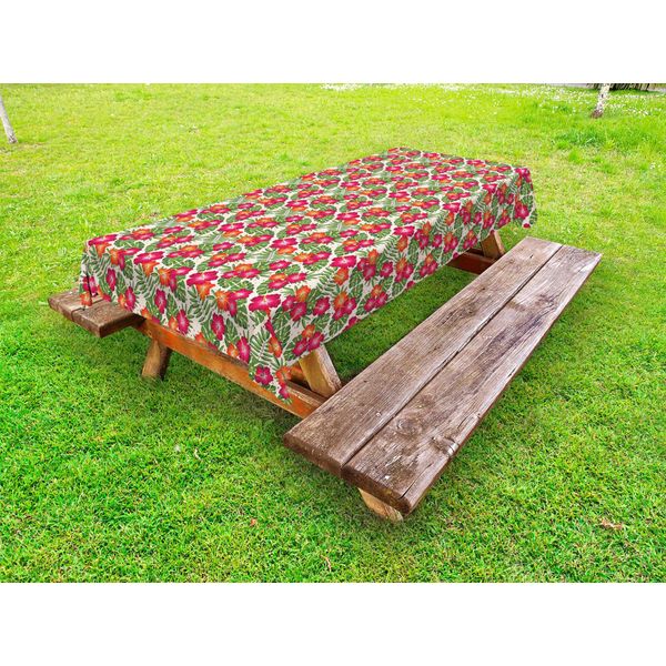 Abakuhaus Tovaglia Outdoor Foresta Vergine, Piccoli Mazzi Di Fiori Di Ibisco Rosa E Arancione, Foglie Di Monstera E Palma, Multicolore, 145X305 Cm-image