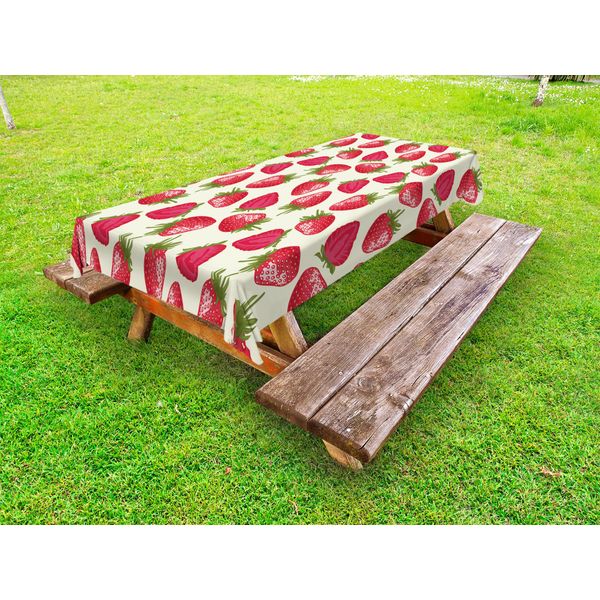Abakuhaus Tovaglia Da Esterno Con Motivi Fruttati, Fragole Vivaci, Piante In Crescita, Vitamine, Dieta Biologica, Immagine Rinfrescante, Verde Oliva, Color Guscio D'uovo, Rosso, 145X305 Cm-image
