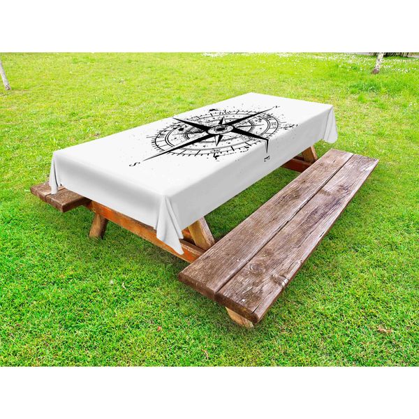 Abakuhaus Tovaglia Marittima Da Esterno, Stampa Grafica Monocromatica Grunge Con Spruzzi E Rosa Dei Venti, Grigio Antracite E Bianco, 145X305 Cm-image