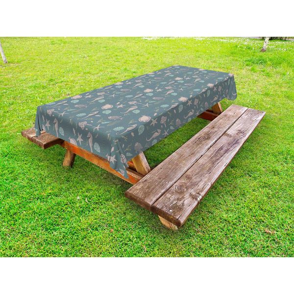 Abakuhaus Tovaglia Da Esterno Marine, Creature Sottomarine Con Cavallucci Marini, Anemoni, Conchiglie, Stelle Marine E Barriere Coralline, Grigio Verde Acqua Caldo Taupe, 145X265 Cm-image