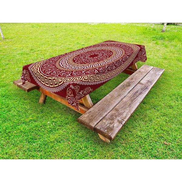 Abakuhaus Tovaglia Greek Key Per Esterni, Motivo Ornamentale Rotondo E Quadrato Con Motivi Floreali E Spirali, Rubino, Giallo Pallido, Bianco, 145X305 Cm-image