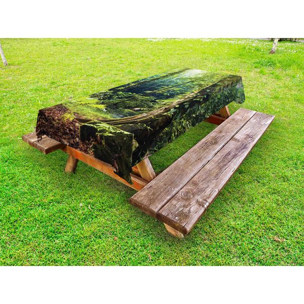 Abakuhaus Tovaglia Per Esterni Con Motivo Foresta Pluviale, Mattina, Foresta Selvaggia, Edera, Albero, Tranquillità Nella Natura, Foresta Pluviale, Giungla, Motivo Fotografico, Verde Marrone, 145X305 Cm-image