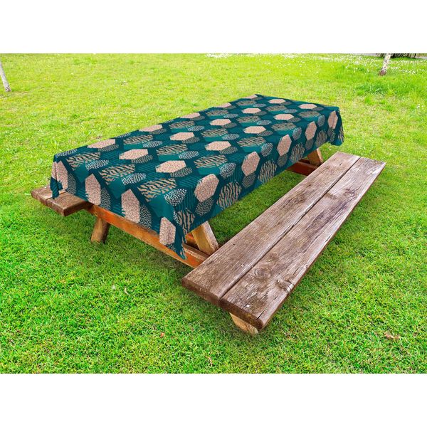 Abakuhaus Tovaglia Leopard Outdoor, Esagoni Con Diverse Strisce O Macchie, Verde Acqua Scuro E Salmone Chiaro, 145X305 Cm-image