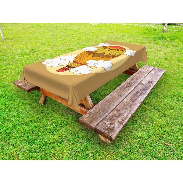 Abakuhaus Tovaglia Da Tavolo Con Caricatura Outdoor, Mongolfiera Nel Cielo Dreamy Clouds Fantasy Surreal Retro Adventure, Pale Brown Multicolore, 145X265Cm-image