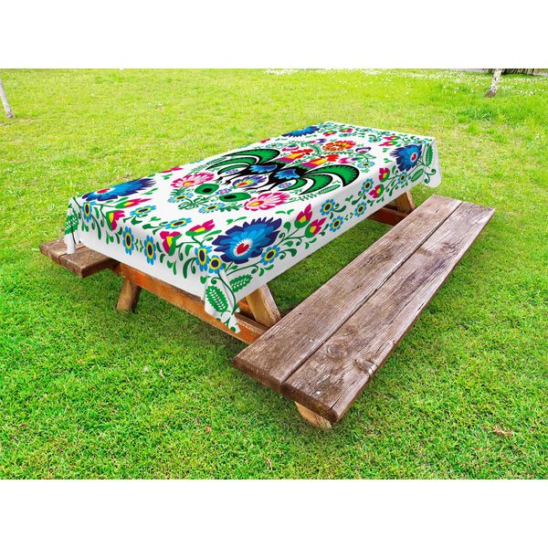 Abakuhaus Tovaglia In Stile Popolare Per Esterni, Motivi Tradizionali Polacchi Wzory Lowickie Con Fiori, Foglie E Galli, Multicolore, 145X265 Cm-image