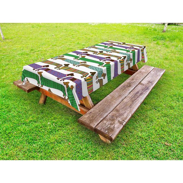 Abakuhaus Amanti Dei Cani Tovaglia Da Esterno, Bassotto In Stile Caricaturale Vestito Con Pigiama Chevron Disegna Pois E Cuori, Multicolore, 145X305 Cm-image