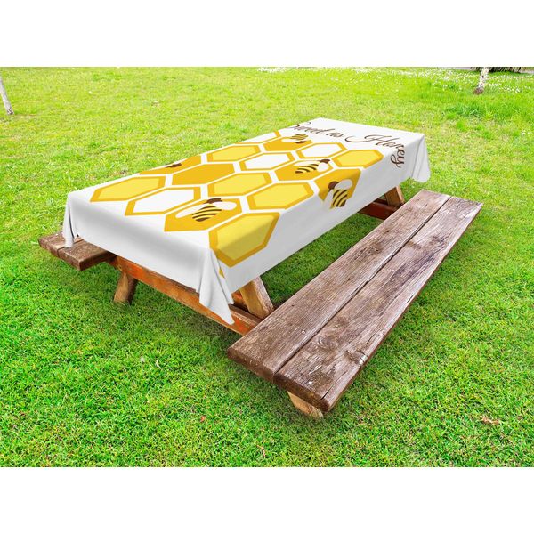 Abakuhaus Honey Bee Tovaglia Da Esterno, Calligrafia Corsiva E Grafica A Esagoni A Forma Di Alveare, Color Cioccolato Terra Giallo, 145X305 Cm-image