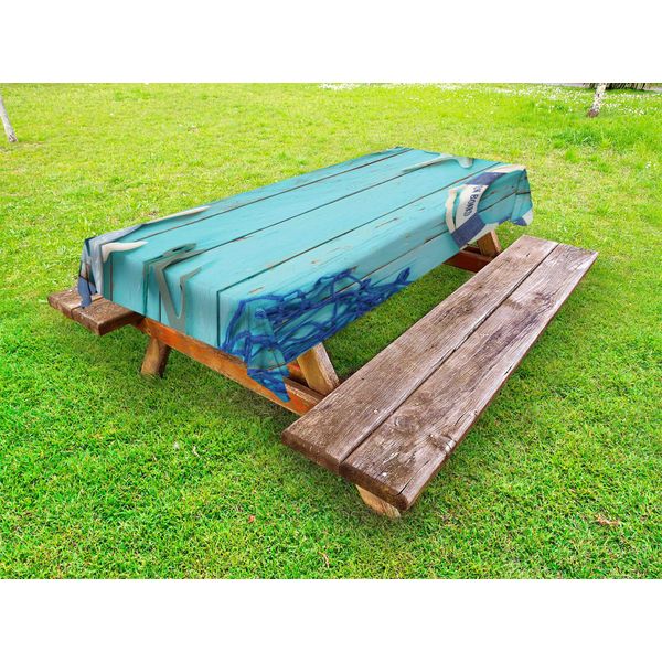 Abakuhaus Tovaglia Nautica Da Esterno, Tema Marittimo Libertà Mare Stella Marina Ancora Corda Sfondo In Legno Motivo Fotografico, Turchese Blu Navy, 145X265 Cm-image