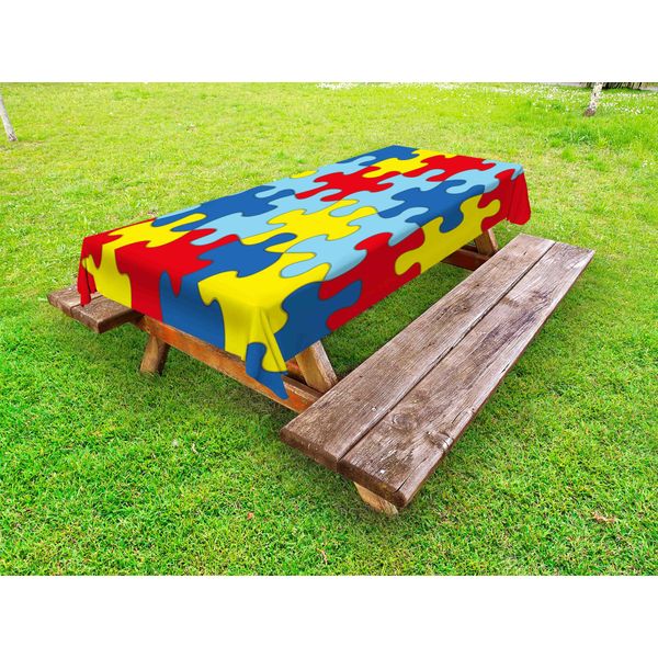 Abakuhaus Tovaglia Per Autismo Da Esterno, Interpretazione Colorata Di Un Disturbo Con Simbolizzazione Di Puzzle, Multicolore, 145X305 Cm-image
