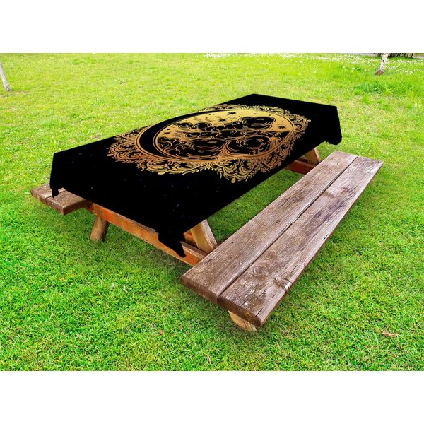 Abakuhaus Tovaglia Psichedelica Per Esterni, Autentica Grafica Etnica Occulta Tribale Medievale, Giallo E Nero, 145X210 Cm-image