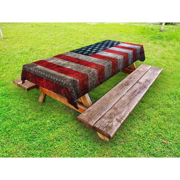 Abakuhaus Tovaglia Con Bandiera Americana Per Esterni, Bandiera Con Sfondo Americano Su Tavola Di Legno Con Stampa Grafica, Grigio Rosso, 145X265 Cm-image