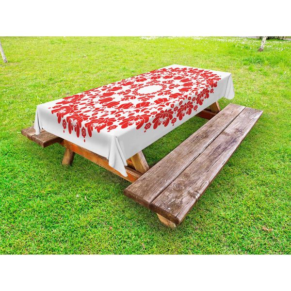 Abakuhaus Tovaglia Da Esterno Red Mandala, Motivo Tradizionale Ungherese Con Tulipani, Stile Kalocsai Antico, Rosso E Bianco, 145X305 Cm-image