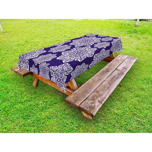 Abakuhaus Tovaglia Blu Navy Per Esterni, Stampa Grafica Con Pizzo Floreale, Motivo A Fiocchi Di Neve, Stampa Elaborata, Blu E Bianco, 145X305 Cm-image