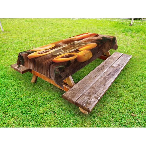 Abakuhaus Tovaglia Da Esterno Con Motivo Albicocca, Olio Di Semi Di Zucca In Bottiglietta Di Vetro E Albicocche Fresche Sul Tavolo, Albicocca Arancione Bruciato, 145X305 Cm-image