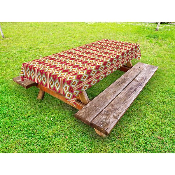 Abakuhaus Tovaglia Boho Per Esterni, Stampa Con Motivo Tribale Geometrico Folk Turco A Zig Zag, Vermiglio E Multicolore, 145X305 Cm-image
