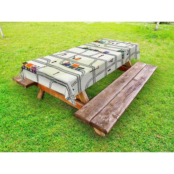 Abakuhaus Tovaglia Da Tavolo Per Esterni Con Motivo Ferroviario, Stile Nursery, Disposizione Di Strade E Treni, Locomotive, Cartoni Animati, Motivi Per Bambini, Multicolore, 145 X 265 Cm-image