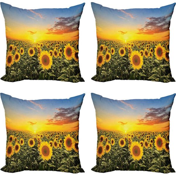 Abakuhaus Set Di Federe Per Cuscini Mediterranei (4 Pezzi), Campo Di Girasoli Al Tramonto, Stampa Digitale Moderna Su Entrambi I Lati, 50 Cm X 50 Cm, Verde Giallo-image