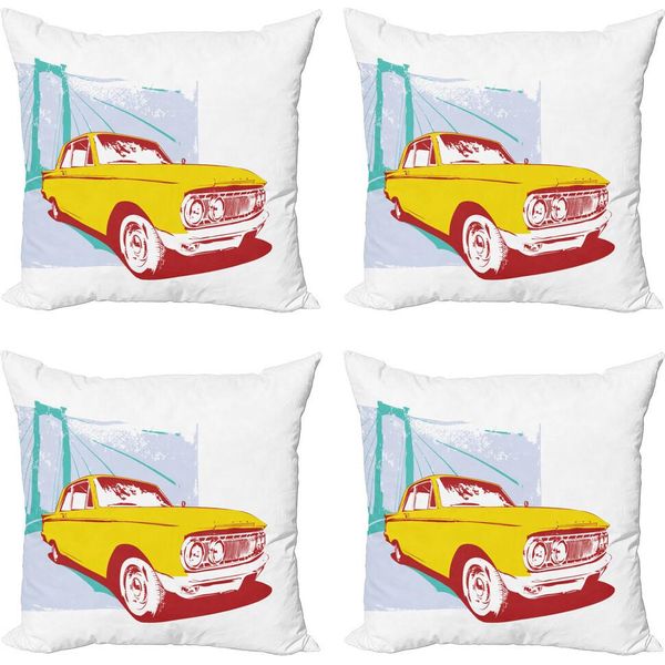 Abakuhaus Set Di Federe Per Cuscini Oldtimer (4 Pezzi), Old Car Grunge Artwork, Stampa Digitale Moderna Su Entrambi I Lati, 60 Cm X 60 Cm, Giallo Turchese-image
