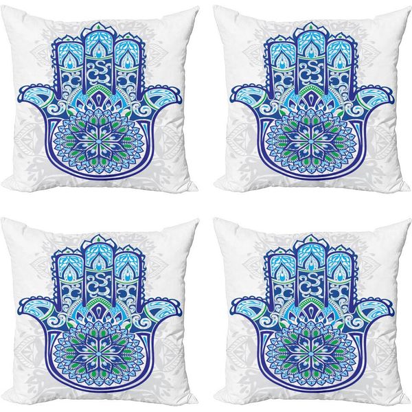 Abakuhaus Set Di Federe Hamsa (4 Pezzi), Eastern Floral, Stampa Digitale Moderna Su Entrambi I Lati, 60 Cm X 60 Cm, Blu Turchese Bianco-image