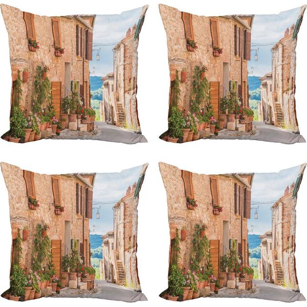 Abakuhaus Set Di Federe Per Cuscini Mediterranei (4 Pezzi), Medieval Old Village, Stampa Digitale Moderna Su Entrambi I Lati, 60 Cm X 60 Cm, Marrone-image