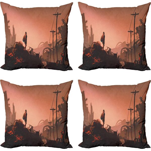 Abakuhaus Set Di Federe Fantasia (4 Pezzi), Scena Urbana Abbandonata, Stampa Digitale Moderna Su Entrambi I Lati, 50 Cm X 50 Cm, Rosa Rosso-image